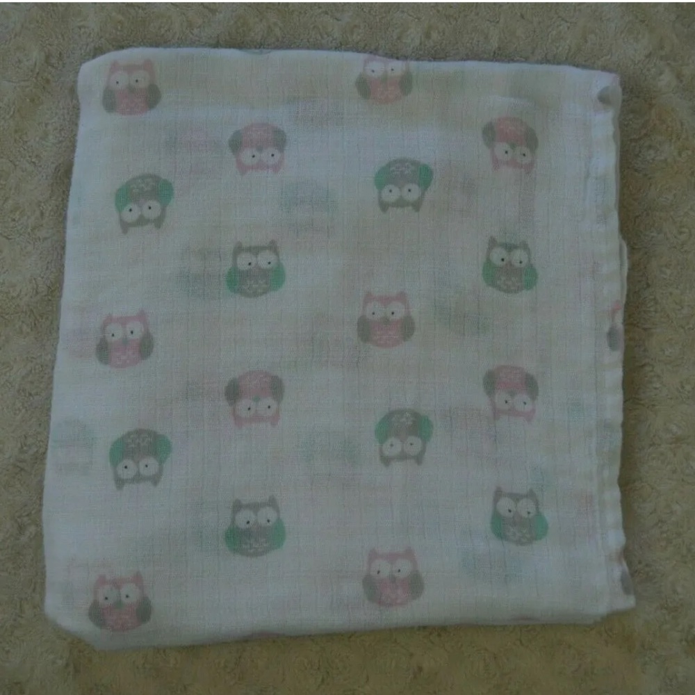 Ideal Baby Owls Print Baby Swaddle Blanket Pink White Green Gray Muslin